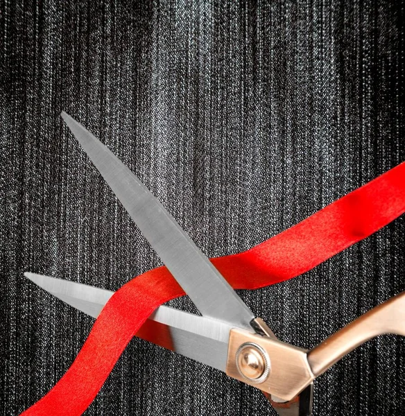 Scissors Cutting Red Ribbon Close View Background — Stock Photo, Image