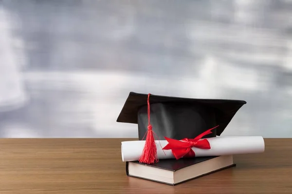 Graduation Hat Book Diploma Wooden Table — Stock Photo, Image