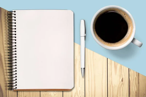 Coffee Cup Notebook Pen Wooden Board — Stock Photo, Image