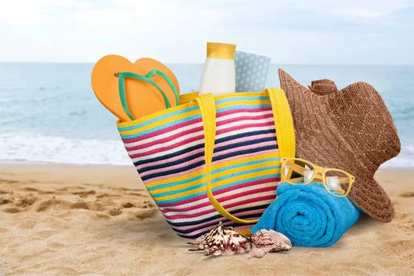 Bolsa Praia Com Acessórios Praia Conceito Férias Verão — Fotografia de Stock