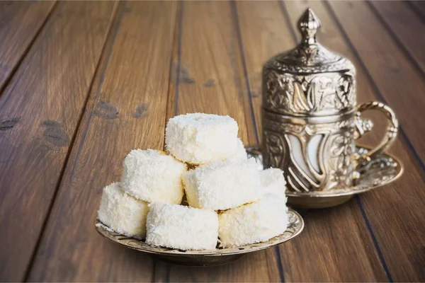 Pile Sweet Delicious Turkish Delight Lokum Vintage Silver Teapot — Stock Photo, Image