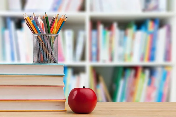 Stack Books Pencils Red Apple Education Learning Background — Stock Photo, Image