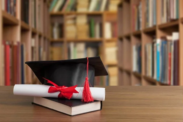 Graduation Hat Book Diploma Wooden Table — Stock Photo, Image