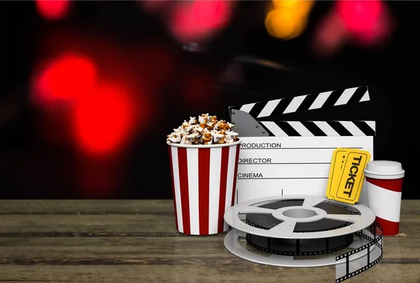 Movie clapper board, popcorn and cola. Movie objects set