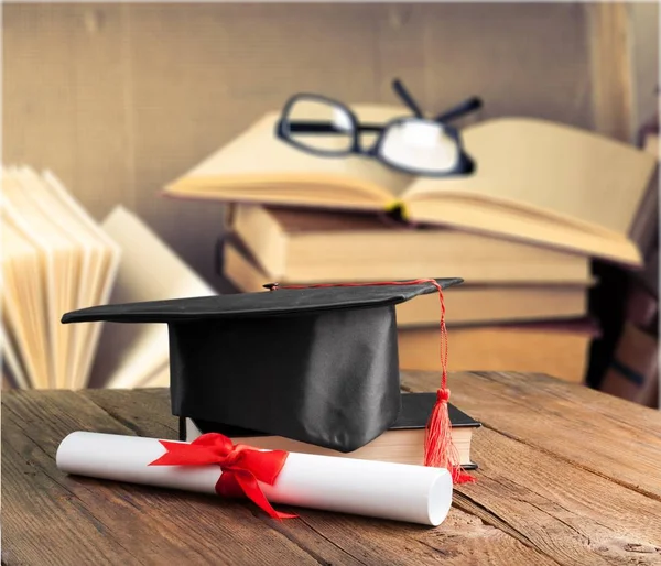 Graduation Hat Books Diploma Wooden Table — Stock Photo, Image