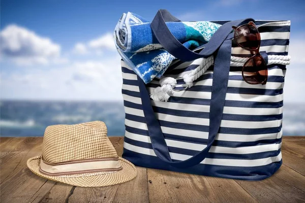 Beach Bag Beach Accessories Summer Vacation Concept — Stock Photo, Image