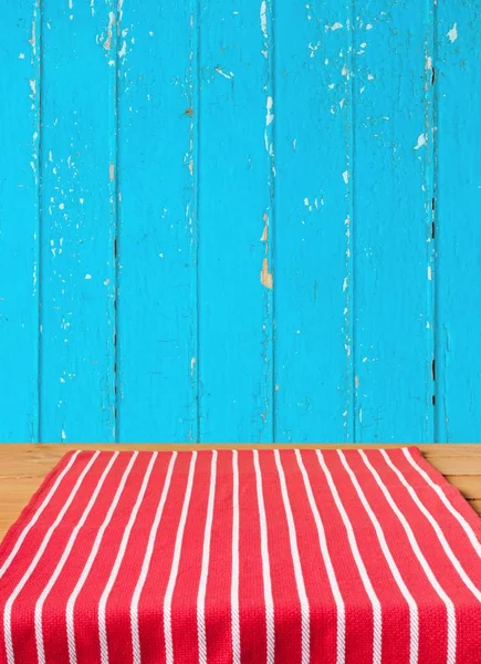 Red Striped Tablecloth Wooden Table — Stock Photo, Image
