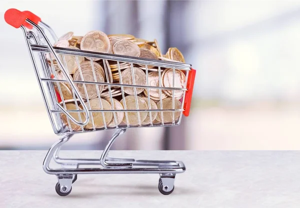 Monedas Oro Carrito Compras Sobre Fondo — Foto de Stock