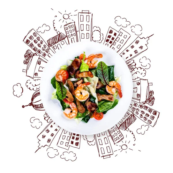 Green Salad Shrimps White Plate — Stock Photo, Image