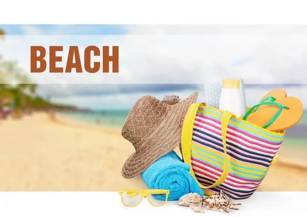 Beach Bag Beach Accessories Summer Vacation Concept — Stock Photo, Image