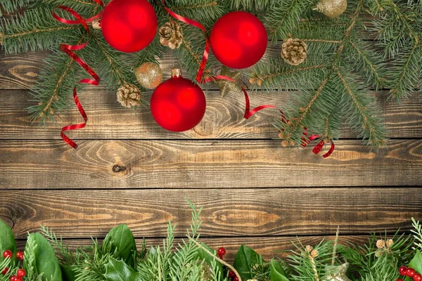 Fundo Natal Guirlandas Com Galhos Abeto Bolas Vermelhas — Fotografia de Stock