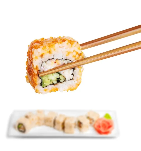 Sushi Roll Chopsticks Isolated White — Stock Photo, Image