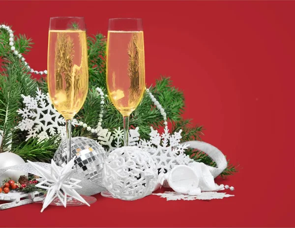 Verres Champagne Boules Noël Concept Célébration Nouvel — Photo