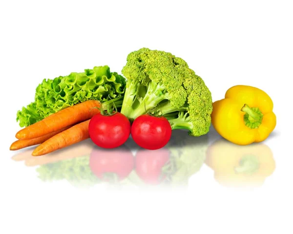 Fresh Raw Vegetables Lettuce Tomatoes Carrots Pepper Broccoli — Stock Photo, Image