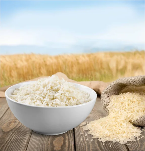 Rýže Nádobě Pytel Stůl — Stock fotografie