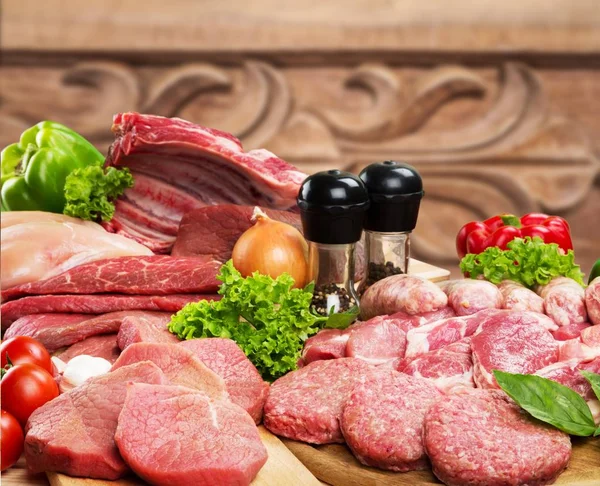 Assorted Fresh Raw Meat Green Herbs Cooking Background — Stock Photo, Image