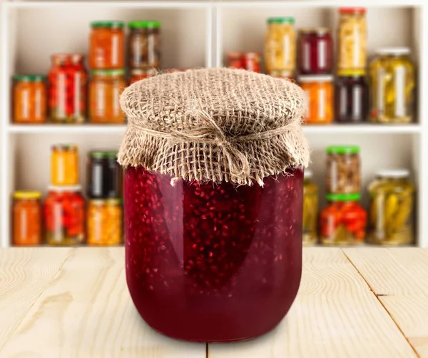 Pot Verre Avec Confiture Framboises Sur Fond — Photo