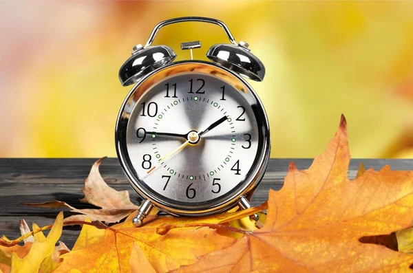 Retro Alarm Clock Yellow Autumn Leaves — Stock Photo, Image