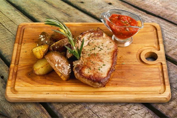 Grilled Beef Steak Wooden Board — Stock Photo, Image