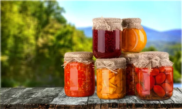 Jars Canned Vegetables Jams Table — Stock Photo, Image