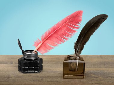 Arka planda tüy kalem ve cam mürekkepler