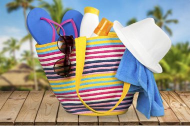 Plaj çantası plaj aksesuarları, yaz tatil kavramı ile