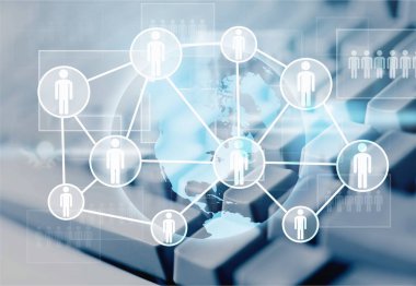 İletişim İnfografik, simgeler ile teknoloji arka plan