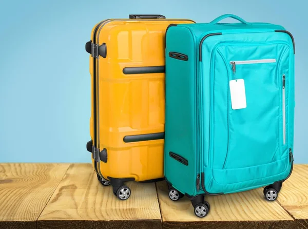 Beautiful Colorful Suitcases Wooden Pier Lake — Stock Photo, Image