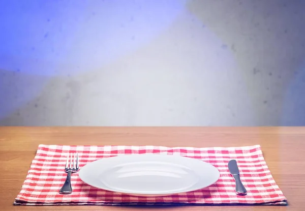 Plaat Met Vork Keuken Mes Houten Tafel — Stockfoto