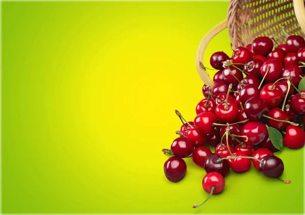 Ripe Sweet Cherries Basket Wooden Background — Stock Photo, Image