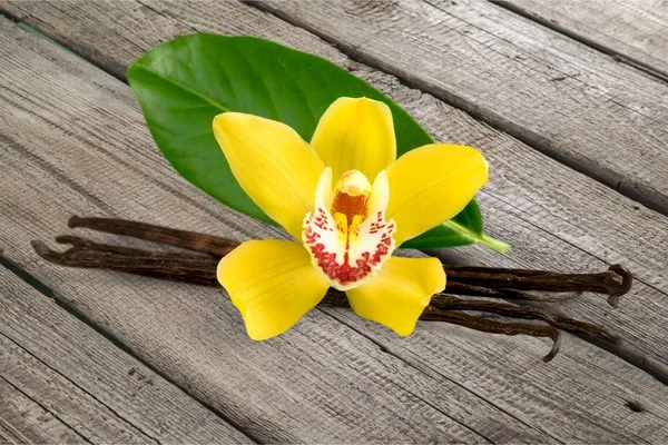 Palos Vainilla Con Flor Sobre Mesa Madera —  Fotos de Stock