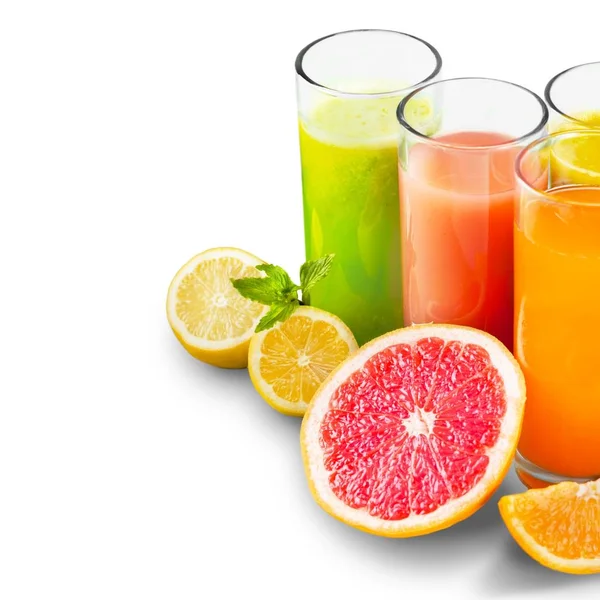 Különböző Egészséges Gyümölcslevekkel Friss Gyümölcsökkel — Stock Fotó