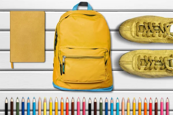 School Backpack with stationery, back to school background