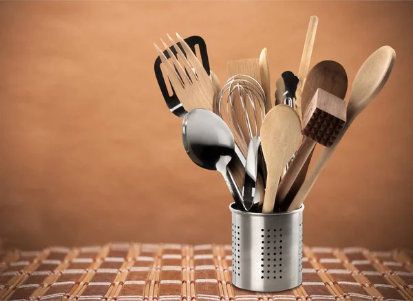 Kitchen Metal Wooden Utensils Table — Stock Photo, Image