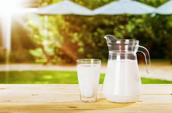 Jar Glass Milk Wooden Table — Stock Photo, Image