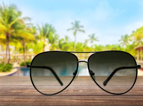 Fashionable Sunglasses Wooden Table — Stock Photo, Image