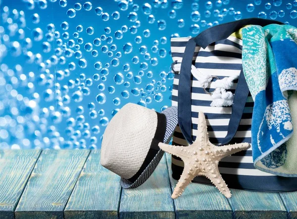 Vacaciones Verano Sombrero Estrella Mar Bolso Playa —  Fotos de Stock