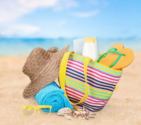 Bolsa Playa Con Accesorios Playa Concepto Vacaciones Verano — Foto de Stock