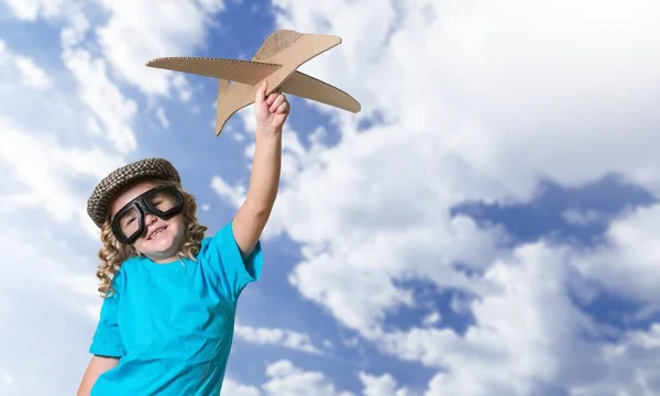 Cute Little Boy Dreaming Flying Handmade Plane — Stock Photo, Image