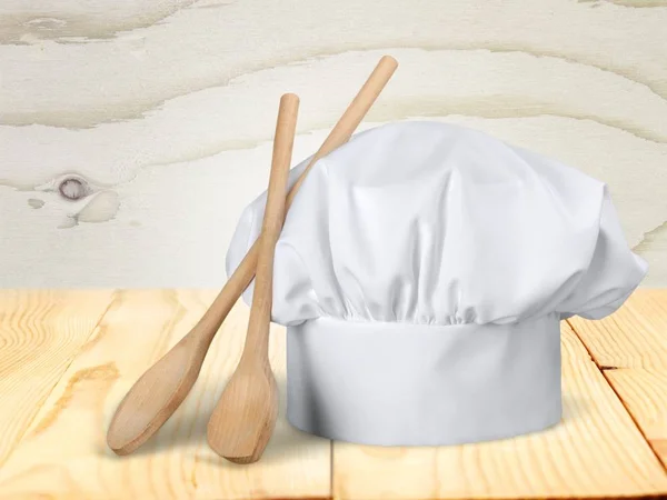 Sombrero Chef Blanco Utensilios Madera — Foto de Stock