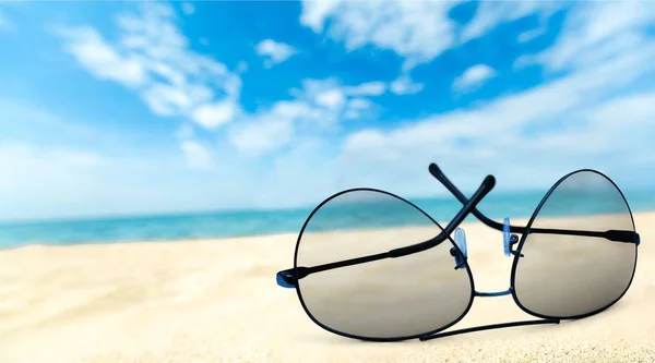 Black Fashion Sunglasses Sand Background — Stock Photo, Image