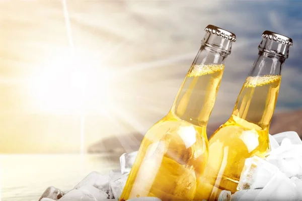 背景をぼかした写真の氷とビール瓶 — ストック写真