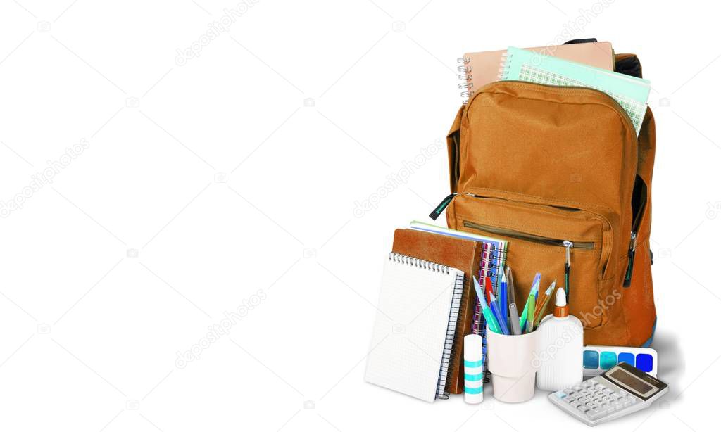 School Backpack with stationery, back to school background 