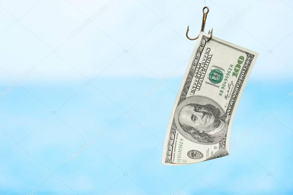 Fishing currency, fishing hook with banknote