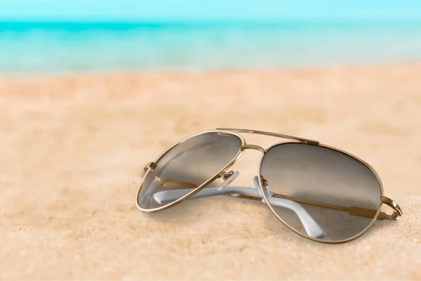 Black Fashion Sunglasses Sand Background — Stock Photo, Image