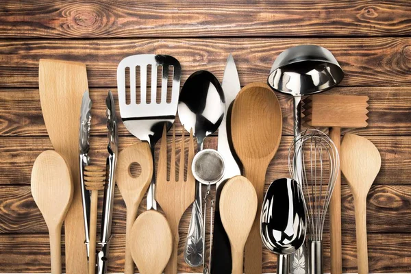 Kitchen Wooden Utensils Table Background — Stock Photo, Image