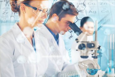 Bilim adamları grubu mikroskop ile çalışma