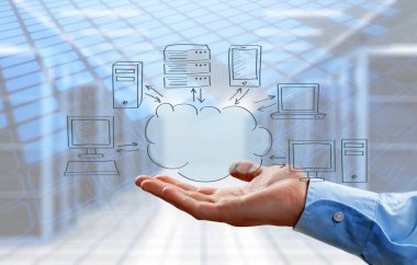 bulut bilgi işlem konsepti, el tutma dijital simgeler