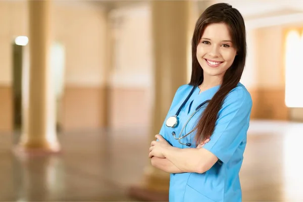 Vacker Ung Kvinna Läkare Leende Arbete Uniform — Stockfoto