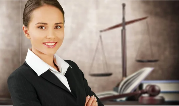Smiling Businesswoman Scales Background — Stock Photo, Image